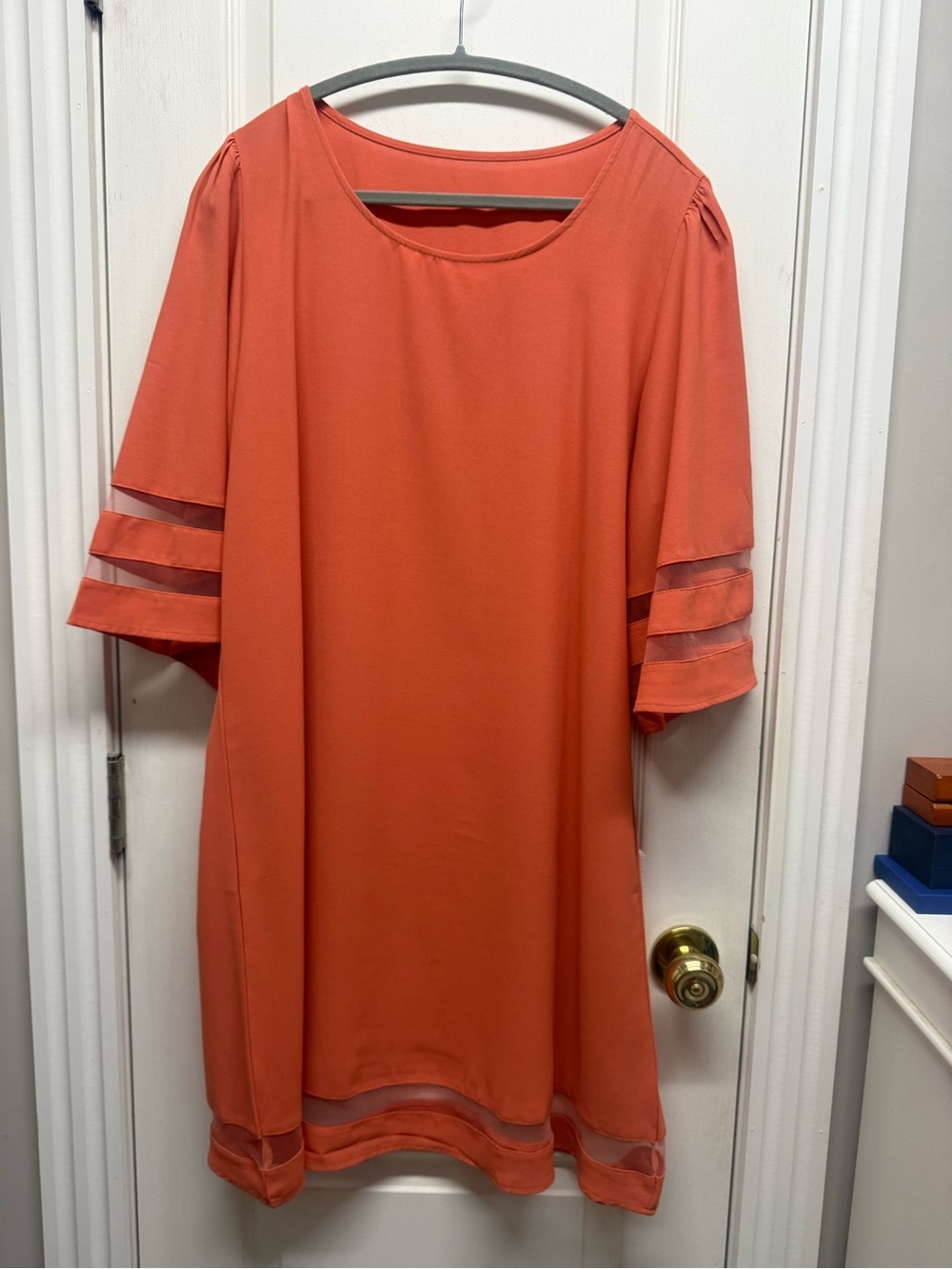 Womens Coral Orange Shift Top with Sheer Band Detail